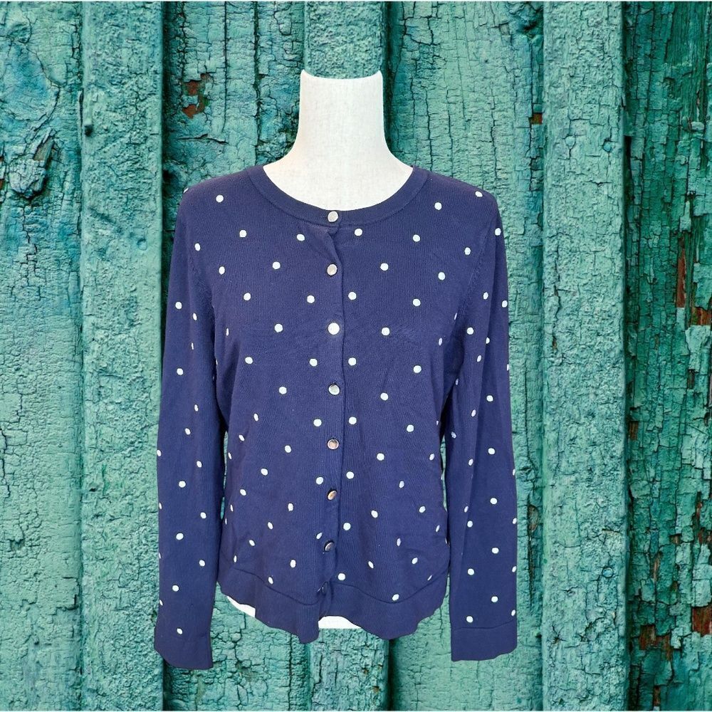 Charter Club Long Sleeve Button Up Polka Dot Cardigan Navy Blue/White Size Large - Picture 9 of 11